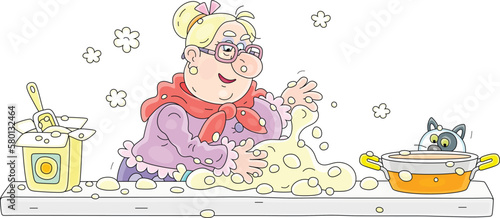 Funny granny at her kitchen table kneading white dough to cook a tasty pie for a merry holiday, vector cartoon illustration isolated on a white background