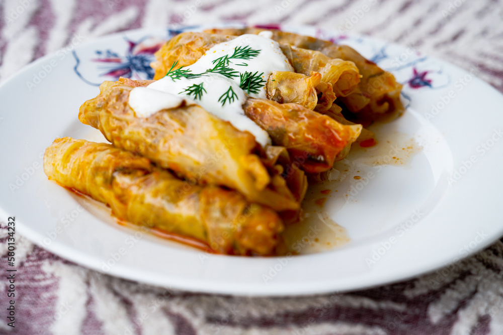 Stuffed cabbage roll with yoghurt sauce and fresh dill, traditional turkish food Stuffed cabbage roll with yoghurt sauce and fresh dill, traditional turkish food