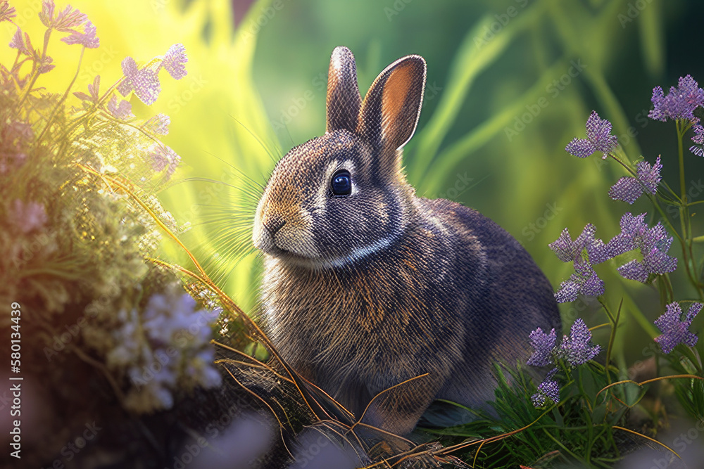 Fototapeta premium Hasen auf einem Frühlingsfeld created with Generative AI technologies