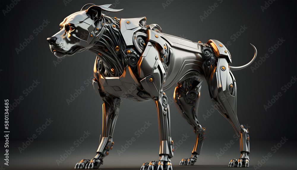 Robo dog. 3d rendering of a metal dog isolated on a black background. Generative AI technology. Robo dog. 3d rendering of a metal dog isolated on a black background. Generative AI technology.