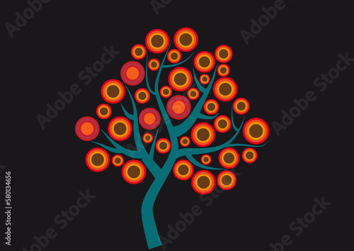 Simplicity retro 70s tree decoration with leaves and flowers in circle shapes, vintage colors like red brown yellow orange isolated on dark background
