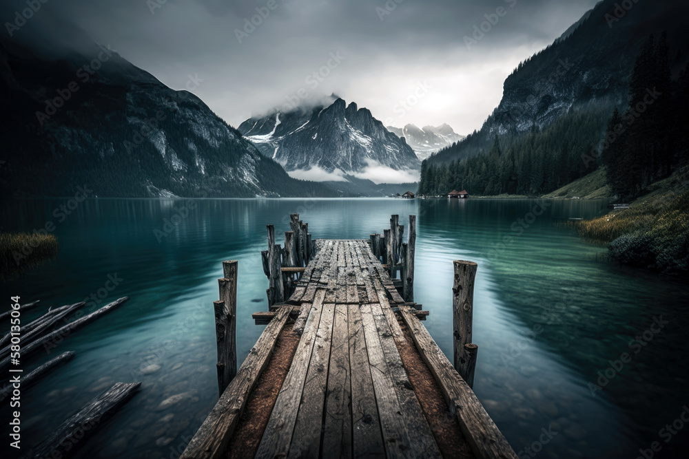 Tranquility at Dawn: A Weathered Wooden Pier on a Serene Lake or River in a Misty Landscape (created with Generative AI)
