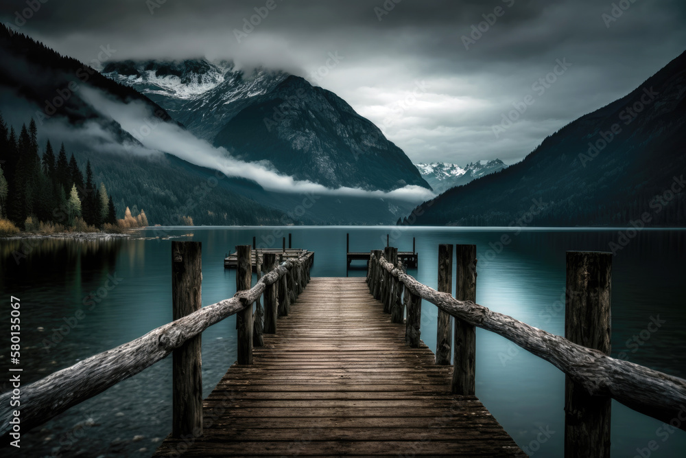 Solitude in the Wilderness: A Weathered Wooden Pier Extending into a Calm Lake or River in a Majestic Natural Setting (created with Generative AI)