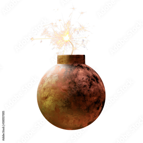 Old rusty round iron bomb ignited and sparkling isolated on transparent background. Time to explosion. Concept or mock-up. 3d render