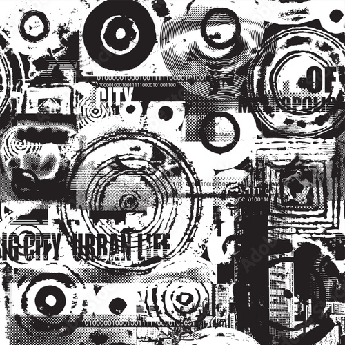 Abstract seamless pattern with newspaper headlines, concerned human eyes, urban landscapes in grunge texture. Chaotic background on the theme of city life in retro style. Wallpaper, wrapping paper