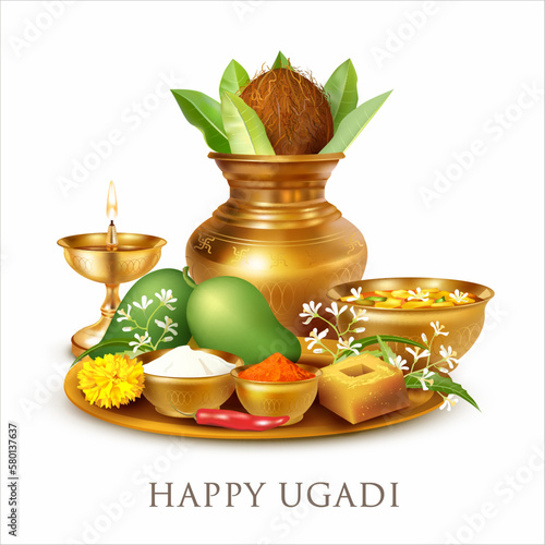 Greeting background with Kalash, traditional pachadi, diya (oil lamp) and pooja thali (tray) for Indian New Year festival Ugadi (Yugadi, Gudi Padwa). Vector illustration. © aminaaster