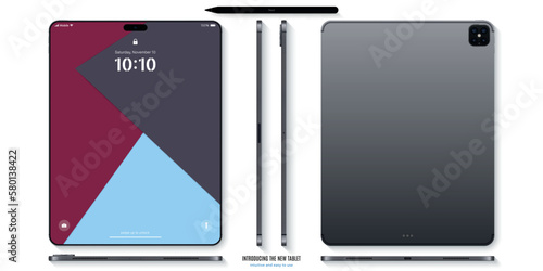 new frameless tablet gray color with colorful screen and stylus top view isolated on white background. flat lay mockup of realistic device with shadow front, back and side view. vector illustration