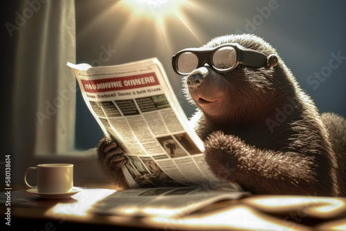 Maulwurf, der bei einer Tasse Kaffee Zeitung liest photo