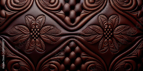 Genuine brown leather, texture with relief floral motifs. Generative AI