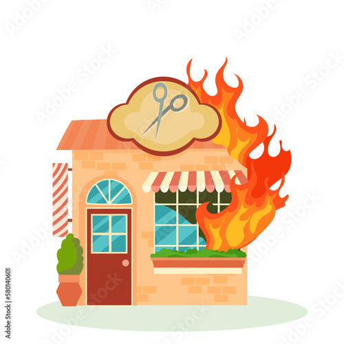 Fire. The destroyed building is on fire. Ruined city buildings after the war. Damaged city with old broken dilapidated housing. Vector illustration isolated on white background.