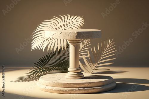 3D stone display podium on beige background palm leaves. AI generation.