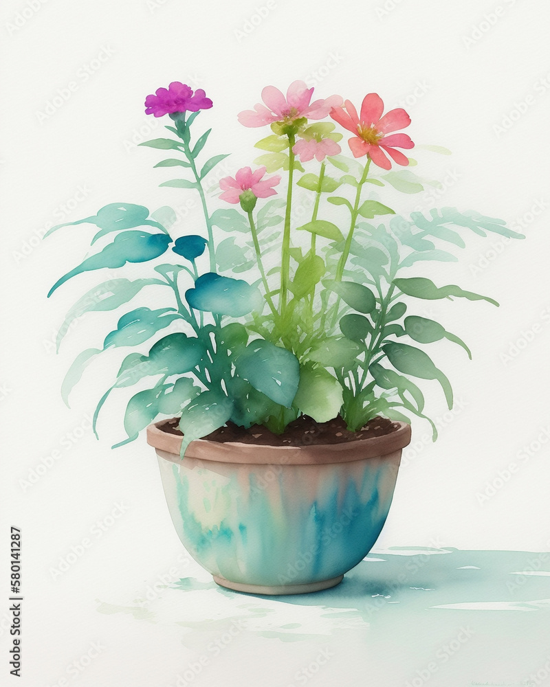 Potted Flowers and Ferns With Colorful Ceramic Pot, Concept for Magazine or Blog on Soothing Gardening Hobby, Watercolor Style Generative AI Illustration on White Potted Flowers and Ferns With Colorful Ceramic Pot, Concept for Magazine or Blog on Soothing Gardening Hobby, Watercolor Style Generative AI Illustration on White