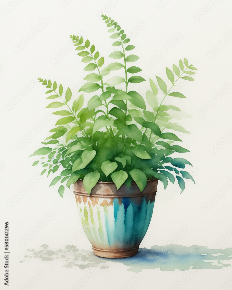 Obraz premium Ceramic Pot Bushy Fern Plant with Beautiful Leaves, Concept for Potted Plants Magazine or Blog on Enjoyable City Life, Watercolor Style Generative AI Illustration on White