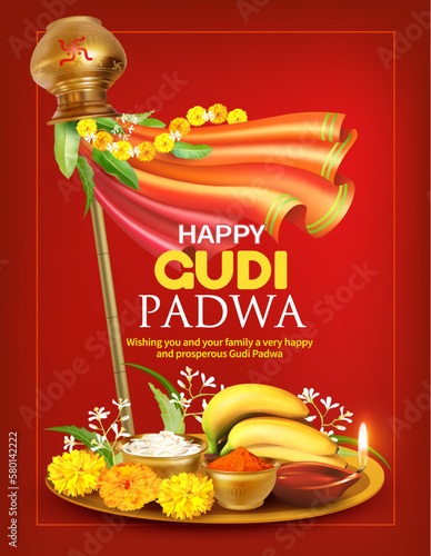 Greeting poster with Gudhi and pooja thali (tray) for Indian New Year (and harvest) festival Gudi Padwa (Ugadi, Yugadi). Vector illustration. © aminaaster