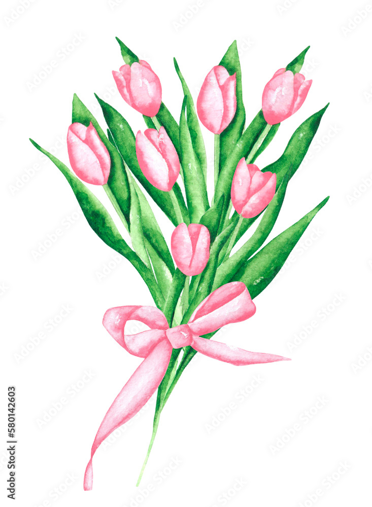 Tulips bouquet watercolor illustration. Pink tulips. Spring flowers. Blooming tulips. Flora. Women's day postcard, tag, sticker. Greeting card. For printing and electronic media. Tulips bouquet watercolor illustration. Pink tulips. Spring flowers. Blooming tulips. Flora. Women's day postcard, tag, sticker. Greeting card. For printing and electronic media.