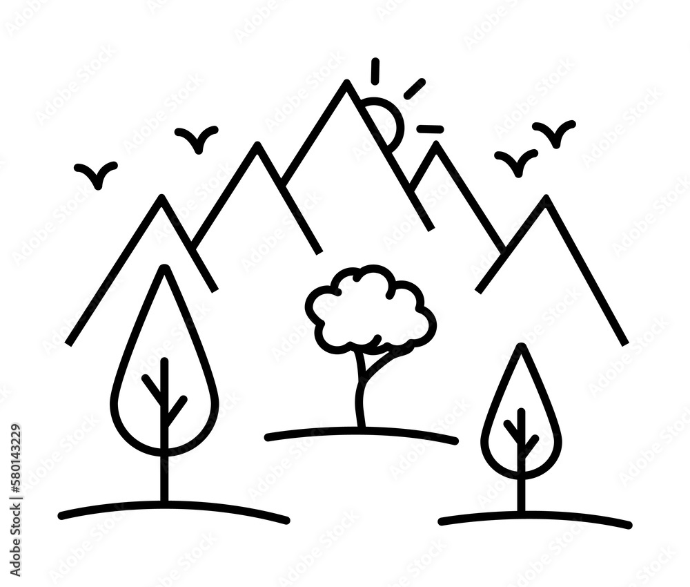 Trees by the mountains line icon, outline sign, linear style pictogram isolated on white. Symbol, logo illustration. Editable stroke. Pixel perfect graphics graphics Trees by the mountains line icon, outline sign, linear style pictogram isolated on white. Symbol, logo illustration. Editable stroke. Pixel perfect graphics graphics