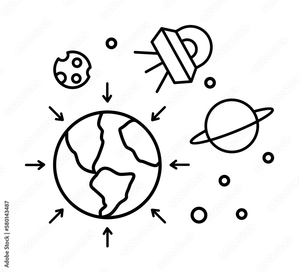 Gravitational forces on moon to spaceship icon. Simple line, outline ...