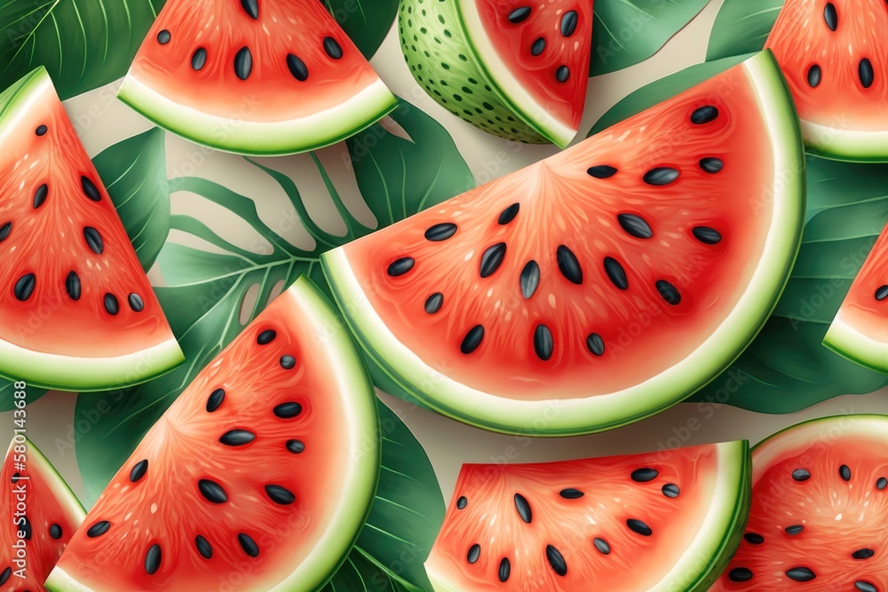 Seamless watermelons pattern. Background with watercolor watermelon slices. AI generation Seamless watermelons pattern. Background with watercolor watermelon slices. AI generation