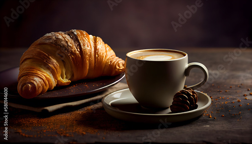 Taking a Cup of coffee, book and croissants.