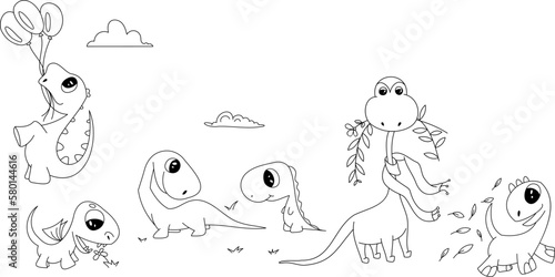 Vector cute dragons and dinosaurs for children's coloring. Cartoon funny animals play in nature, hang on balloons, chew grass leaves
