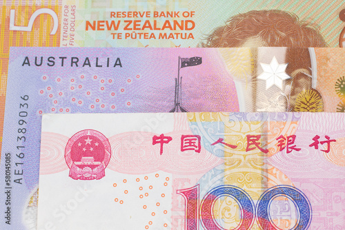 Australian and New Zealand Currency with A Chinese Bank Notes