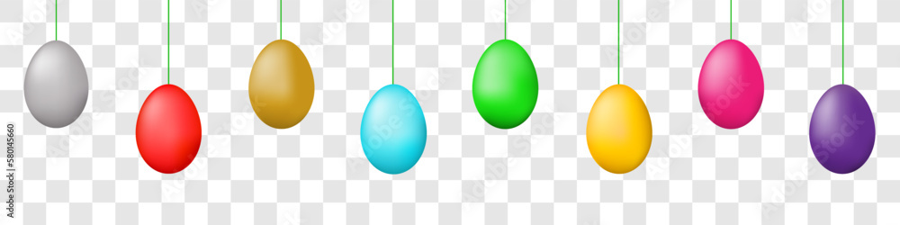 Hanging easter eggs seamless border .Set of simple colorful eggs. Happy Easter seamless pattern or border. Easter decoration with painted eggs