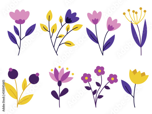 Flowers set. Botanical set of garden flower plants vector illustration. Set of floral elements. Vector compositions of flowers for the design of greeting cards or invitations