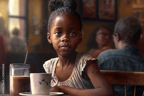 Positive young child  African American enjoying a drink in the busy cafe.