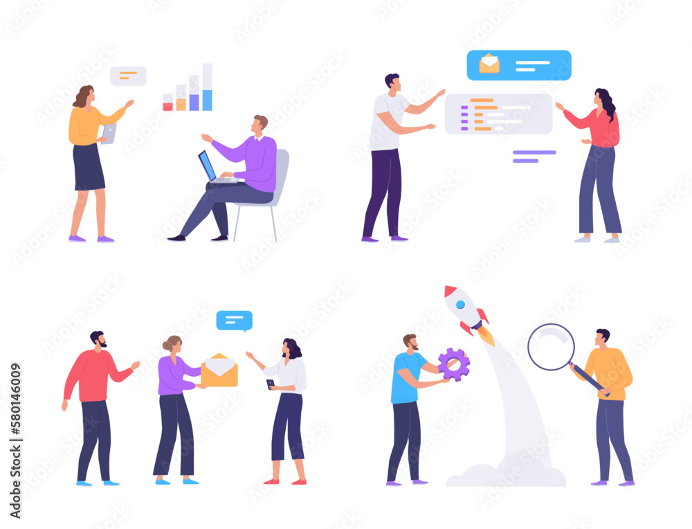 Moderm people work with information technologies process illustration set Moderm people work with information technologies process illustration set