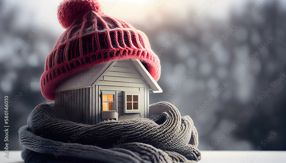 © Prasanth - house in winter - heating system concept and cold snowy weather with model of a house wearing a knitted cap © Prasanth - house in winter - heating system concept and cold snowy weather with model of a house wearing a knitted cap