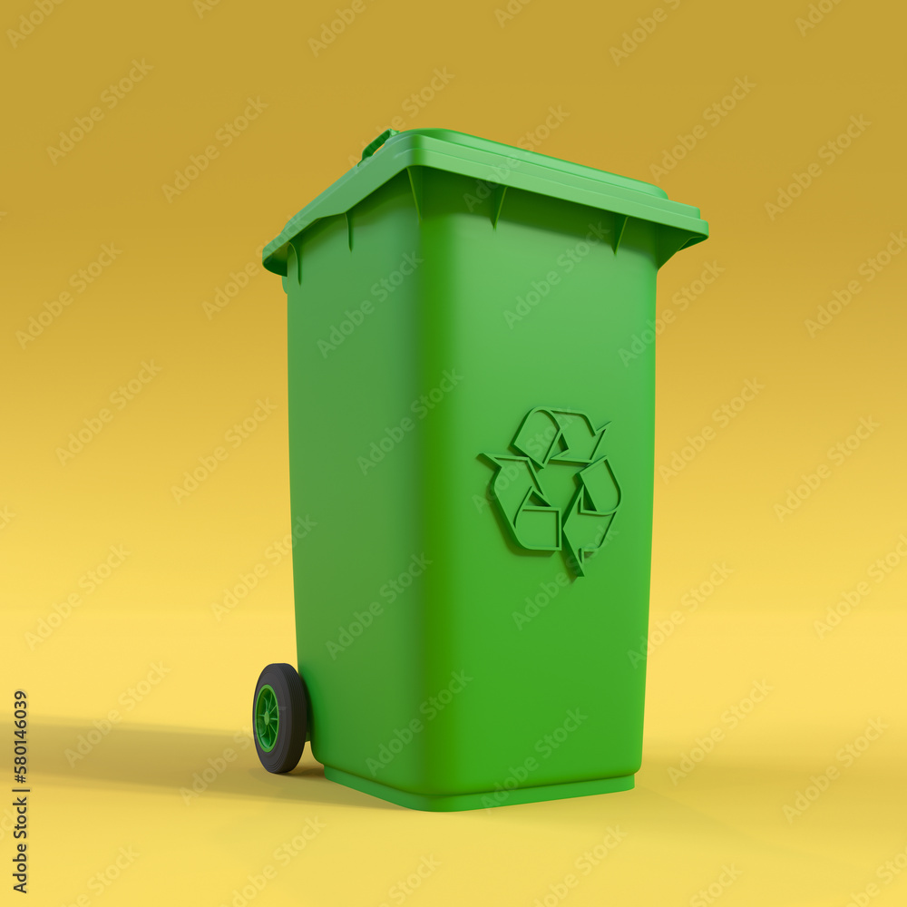 A New Unbox Green Large Plastic Bin Isolated on Orange Background A New Unbox Green Large Plastic Bin Isolated on Orange Background