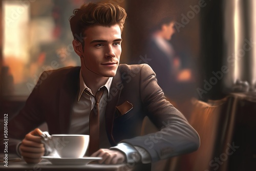 Professional young  successful businessman having coffee break in cafe.
