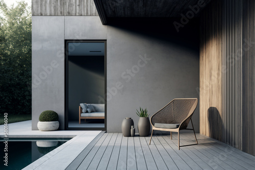 Wooden clean terrace with swimming pool and lounge chair, chill zone, Generative AI photo