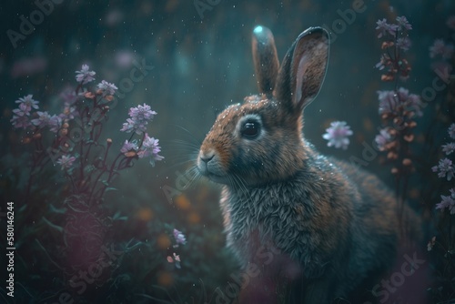 A wild orange Rabbit/bunny with big ears in a magical fresh green forest (Spring baby rabbit or Easter rabbit),generative ai. © Nokhoog