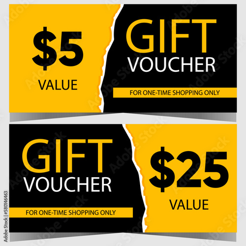 Gift voucher, coupon or certificate to get a discount for shopping during the sale and special offer season. Vector illustration in black and yellow colours for sales promotion and advertisement.