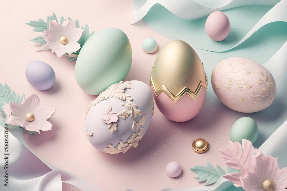 Stylish background in trendy pastel colors. Happy Easter concept. Top view. Spring Easter Egg Design, easter decoration. Holidays banner header background. Greeting card, banner design. Generative AI