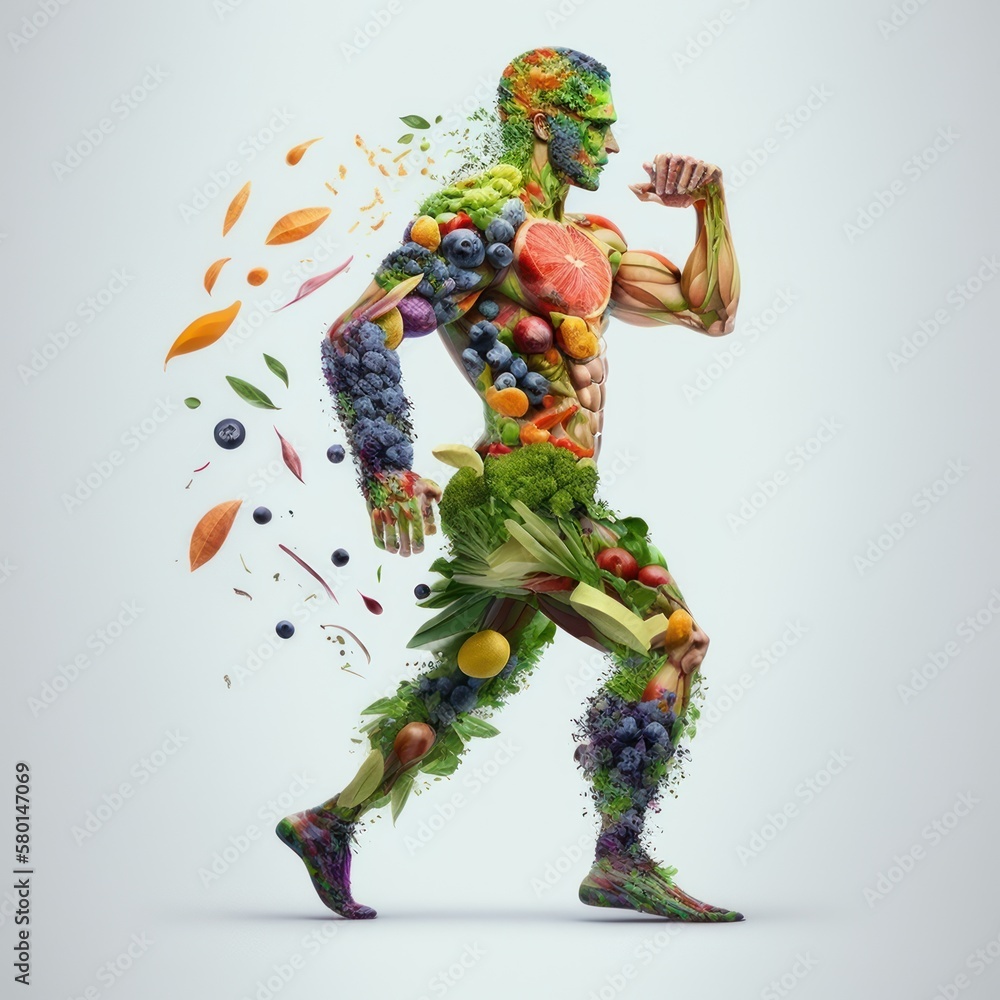 Human body practicing sports made with vegetables and fruits for nutritionist, GENERATIVE AI