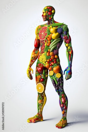 Human body made with nutrient-dense vegetables and fruits for nutritionist, GENERATIVE AI