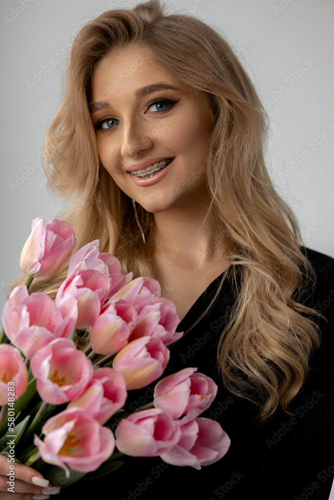 portrait of a woman with flowers, portrait of a beautiful woman with braces portrait of a woman with flowers, portrait of a beautiful woman with braces