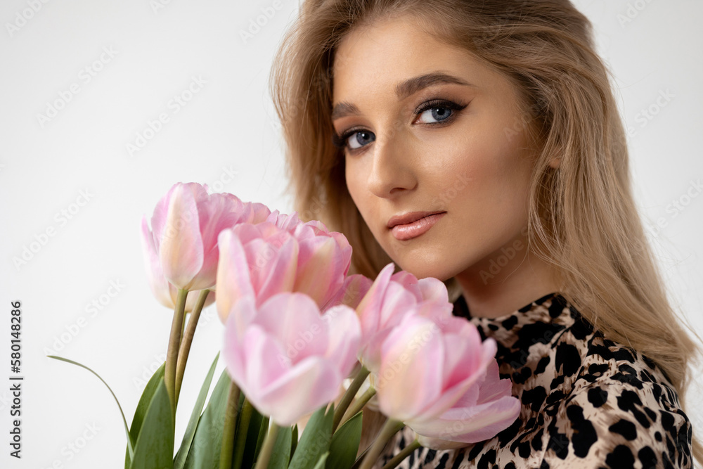 portrait beautiful woman with blond hair with tulips portrait beautiful woman with blond hair with tulips