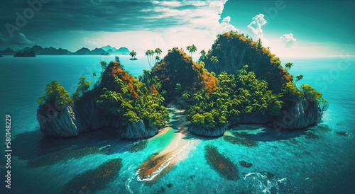 Tropical jungle on the ocean shore. Paradise landscape. Generative AI © AngrySun