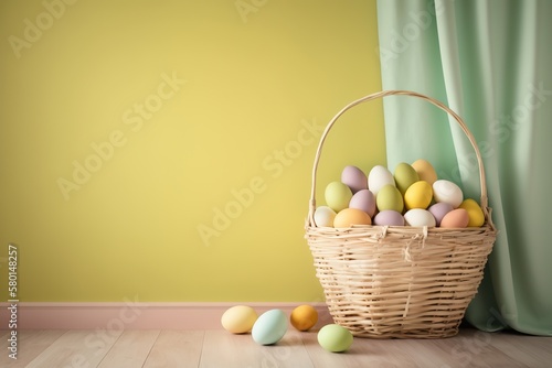 Basket with easter eggs on floor near color wall. Space for text. Modern interior room with draped easter decoration. Greeting card, generative AI