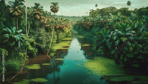 Tropical jungle with river. Green scenery of paradise forest. Generative AI