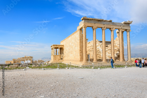 View from the top of Acropolis Hill of the Erechtheum and Propylaea, two of the structures along with the Parthenon, in Athens, Greece.