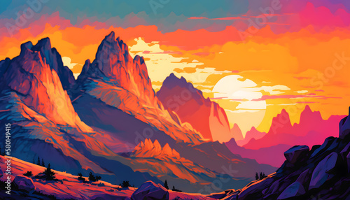 A colorful sunset over a mountain range generative ai