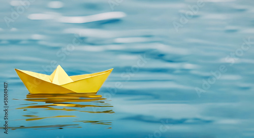 A single yellow paper boat floating on blue water - symbolic of adventurous future prospects - Generative AI photo