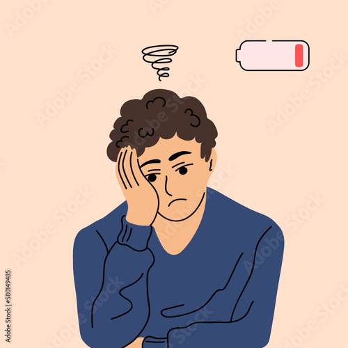 Sad tired man with chaos in his head. Low energy and emotional burnout. Vector illustration in cartoon flat style.