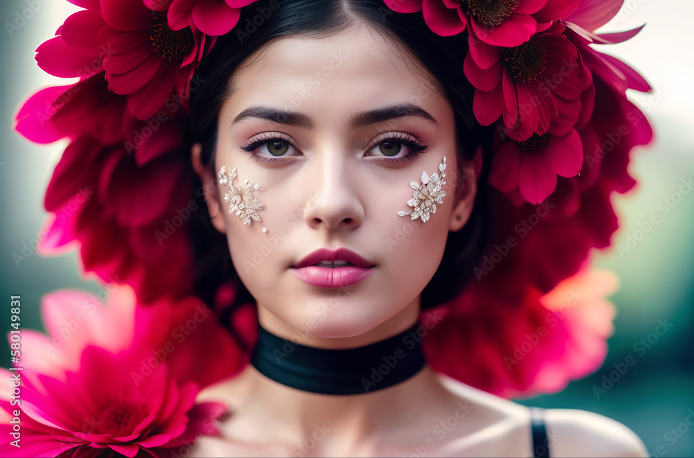 Closeup portrait of a beautiful girl with a flower wreath on her head. Generative AI. Closeup portrait of a beautiful girl with a flower wreath on her head. Generative AI.