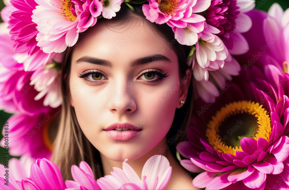 Closeup portrait of a beautiful girl with a flower wreath on her head. Generative AI. Closeup portrait of a beautiful girl with a flower wreath on her head. Generative AI.