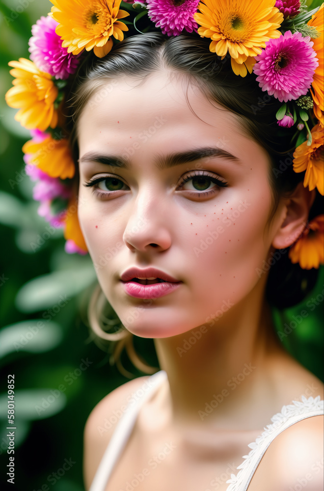Closeup portrait of a beautiful girl with freckles and a flower wreath on her head. Generative AI.